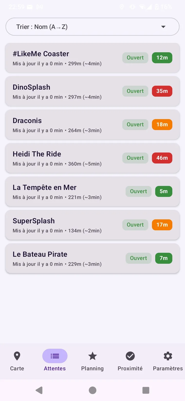 List of wait times: each ride with its open status and its wait in minutes.