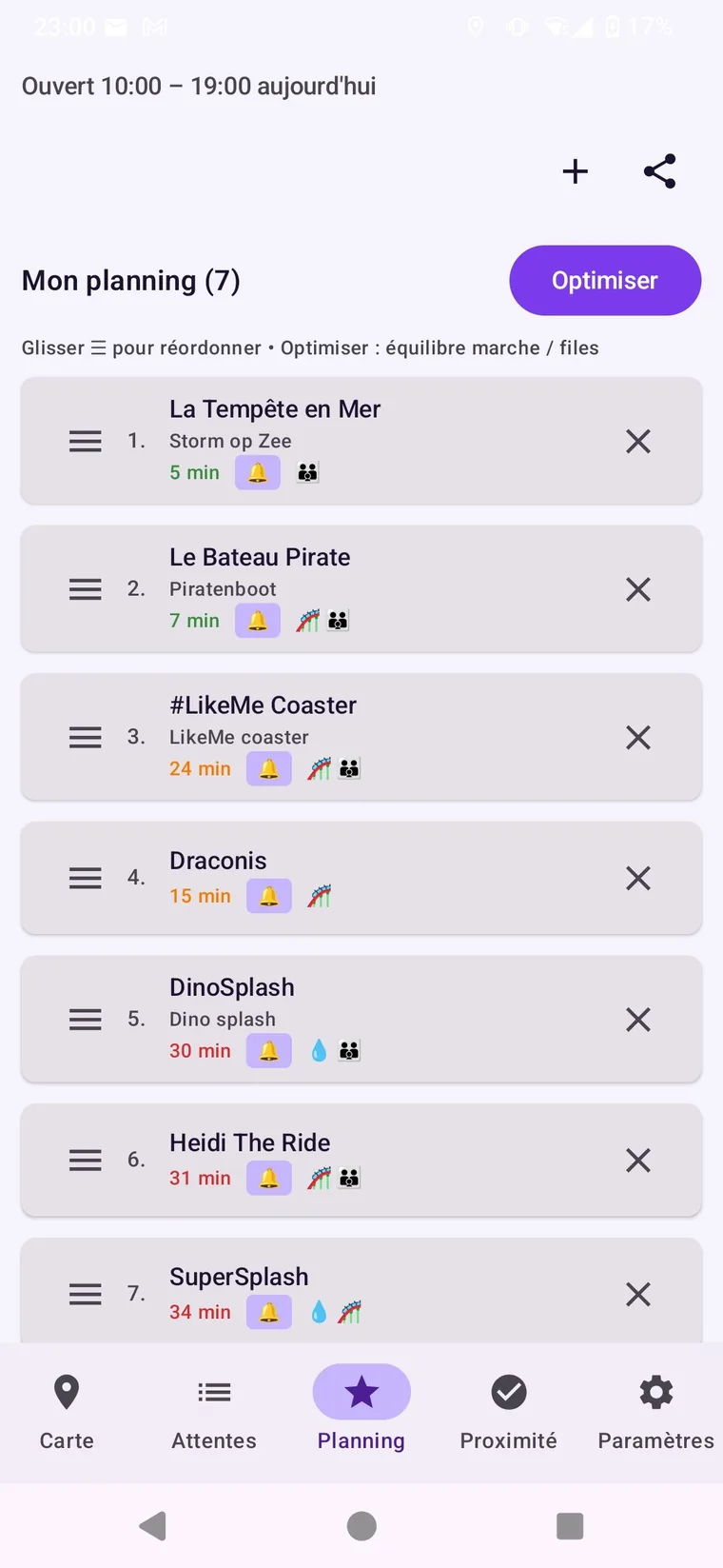Day plan: six favourite rides in order, with their wait and their alert bell.