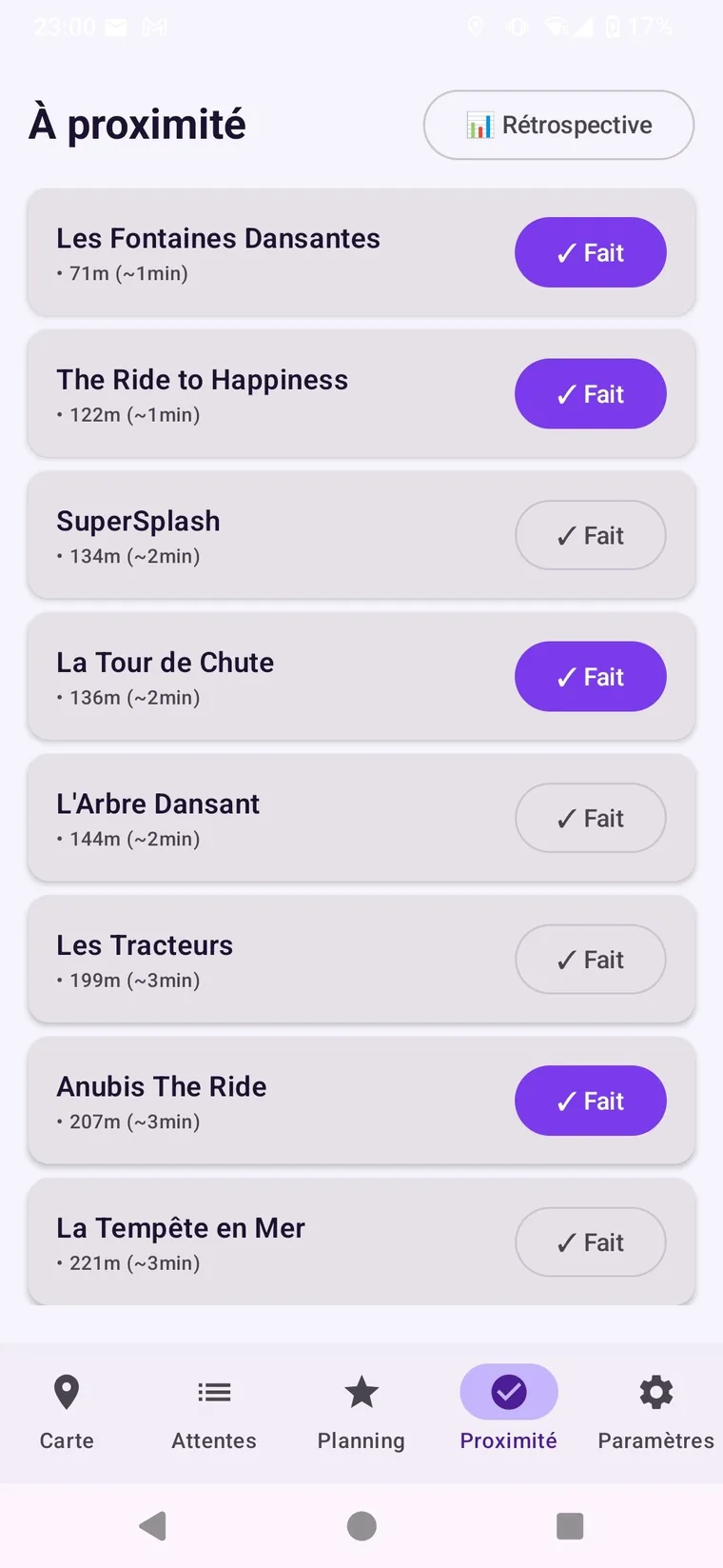 Nearest rides, sorted by distance, each with a "Done" button.